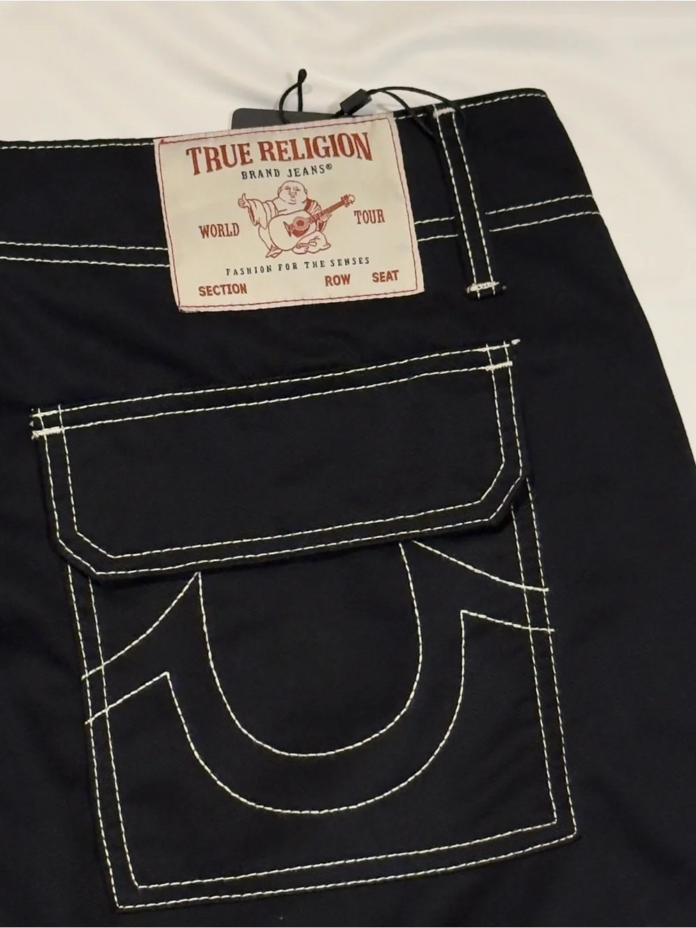 True Religion Black Cargo Shorts with White Contrast Stitching